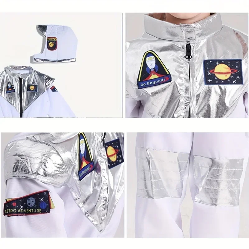 2026 Junge Astronaut Cosplay Kostüm Gedruckt Cartoon Muster Weiß Raumanzug Overall Halloween Karneval Kinder Leistung