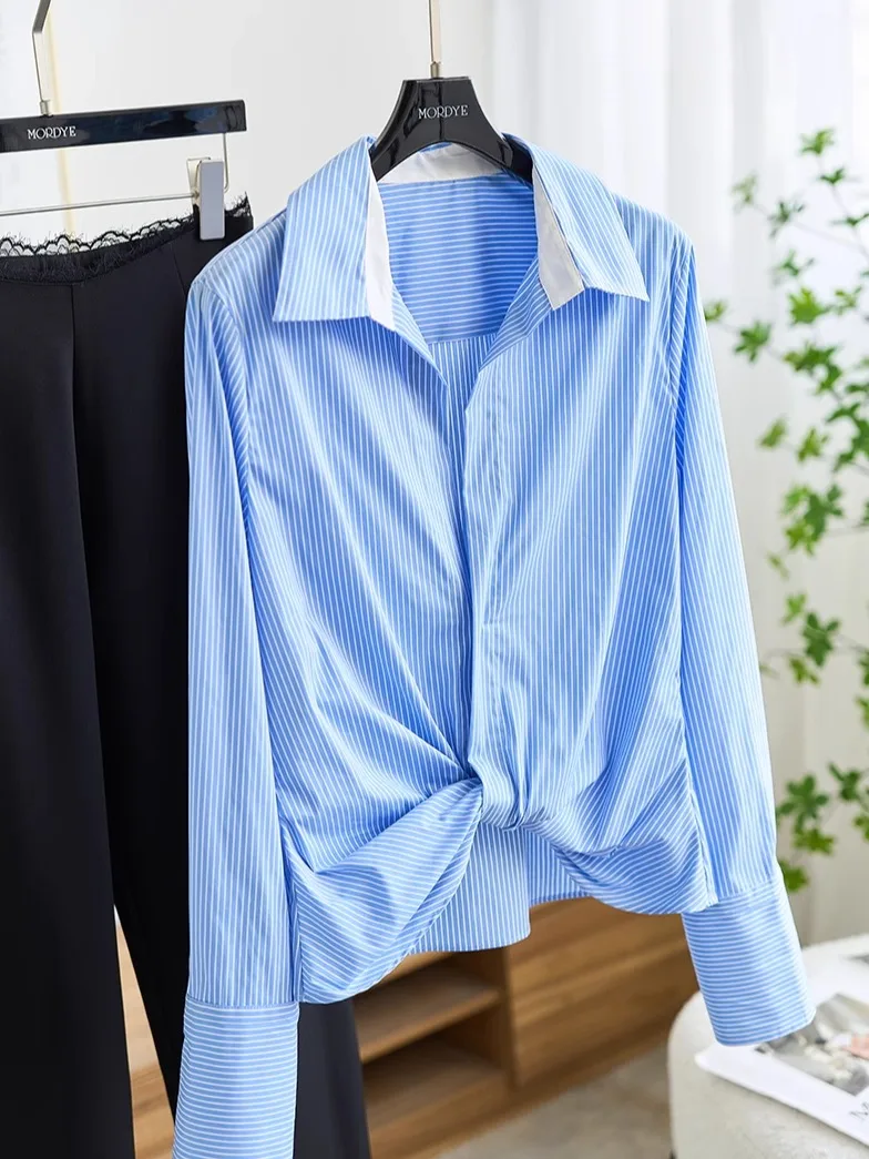 

Slimming Air Cotton Long Sleeve Shirt Women's Top Thin Body Twist Blue Vertical Stripes Business Casual Style Collar