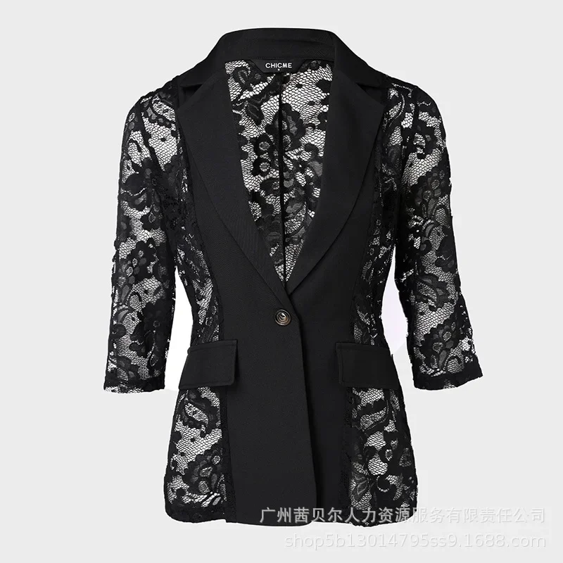 

Patch Single Button Flap Detail Women New Lapel Neck Lace Sheer Blazer Coat