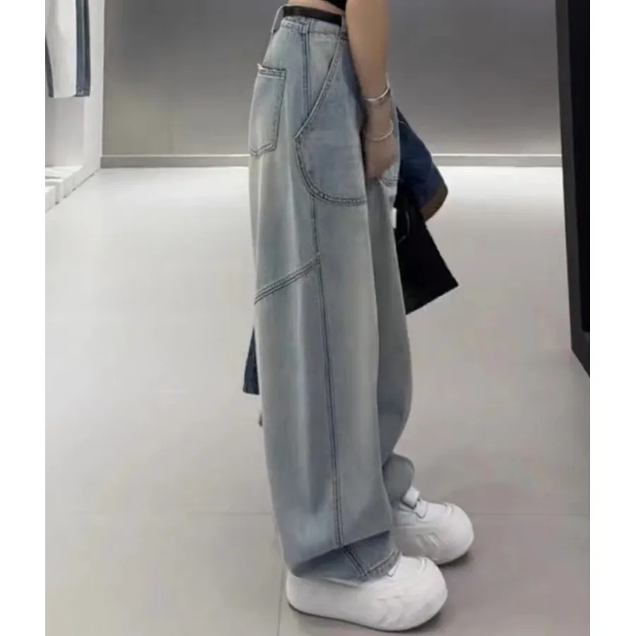 Loose High Waist Denim Jeans American Lazy Loose Feeling Women's plus Size Cover Hip Slimming Wide Leg Pants Blue
