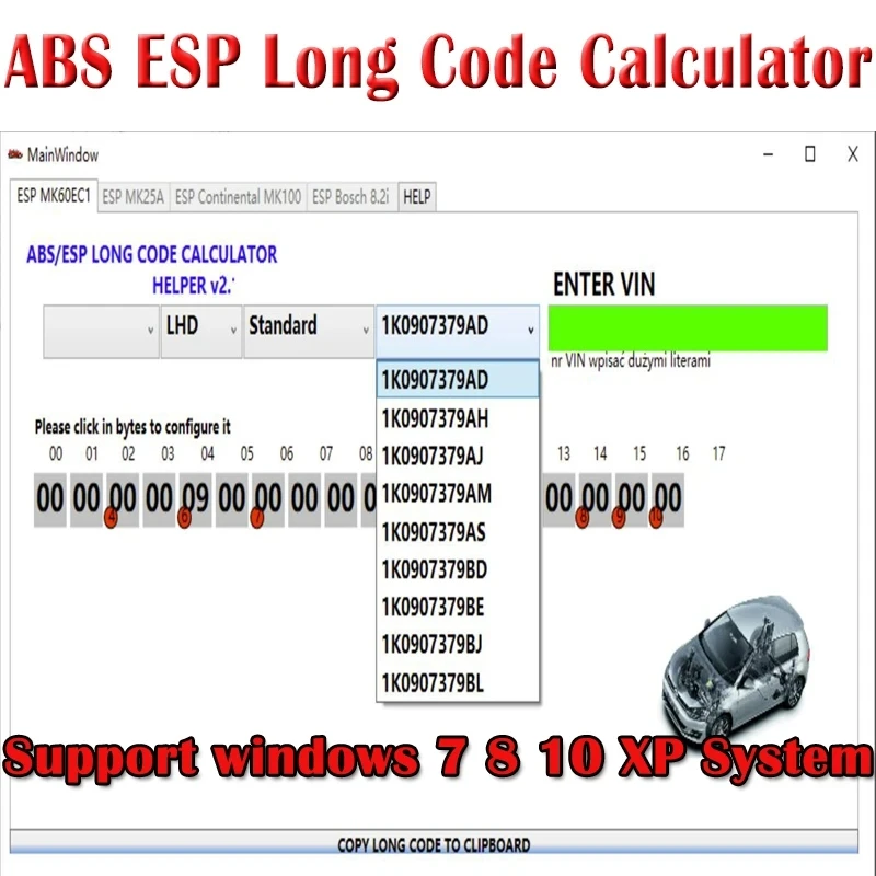 ABS ESP Long Code Calculator for Bosch ESP units Changes to Adaptations and Codes VAG VCDS VIN number Suports over 28 Cars