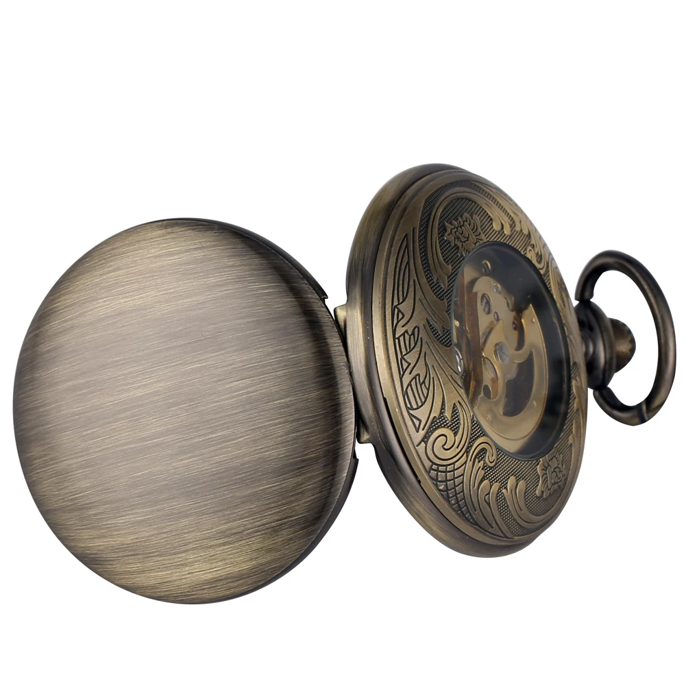 Bronze Automatic Mechanical Pocket Watch with Luminous Green Roman Numerals Dial 30cm Fob Chain Retro Pocket Timepiece Gift