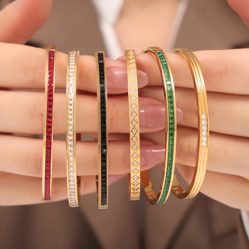 Exquisite Stainless Steel Women Bracelet Gold Plated Colorful Inlaid CZ Slender Bangle Luxury Waterproof Jewelry