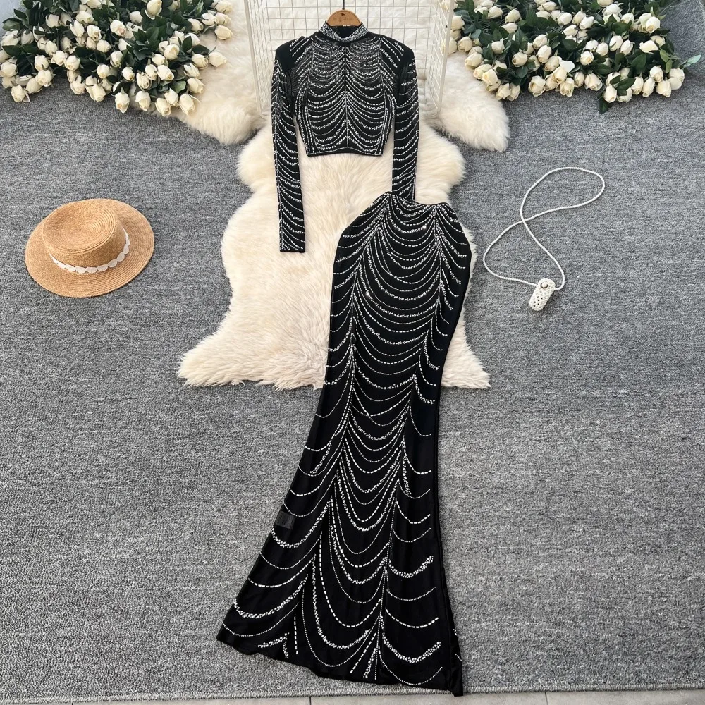 Elegant Rhinestone Mesh Chic Long Sleeves Slim Short Crop Top High Waist Skirt French Evening Party High Street Two-piece Sets