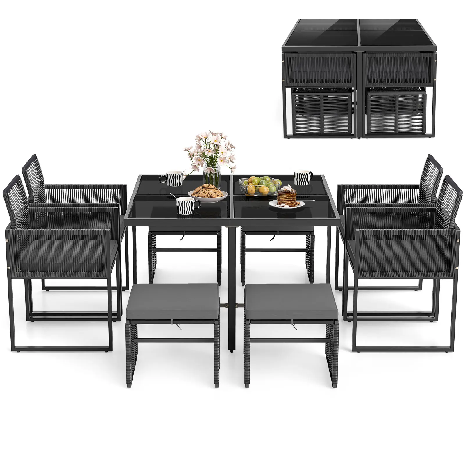 9 PCS Patio Dining Set with PE Rattan Chairs Tempered Glass Table and Ottomans