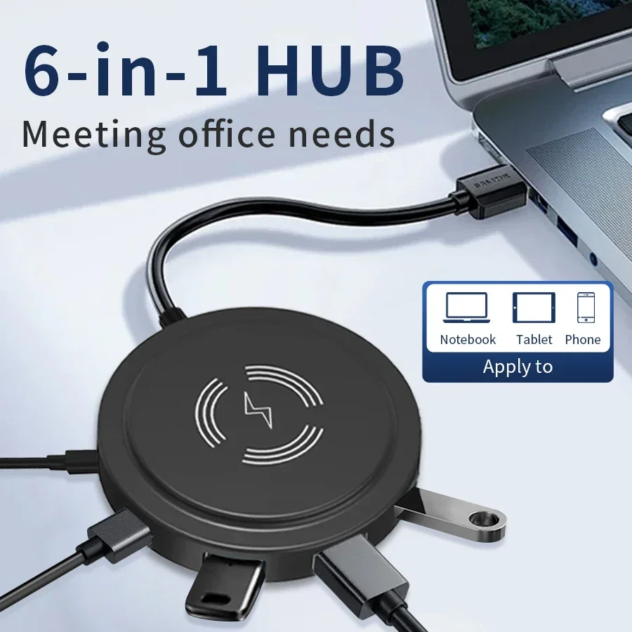 6 in 1 USB C ハブ ワイヤレス充電器付き 15W Type-C アダプター USB3.0 ドッキングステーション HDMI 4K PD 100W MacBook Air iPad ノートパソコン対応