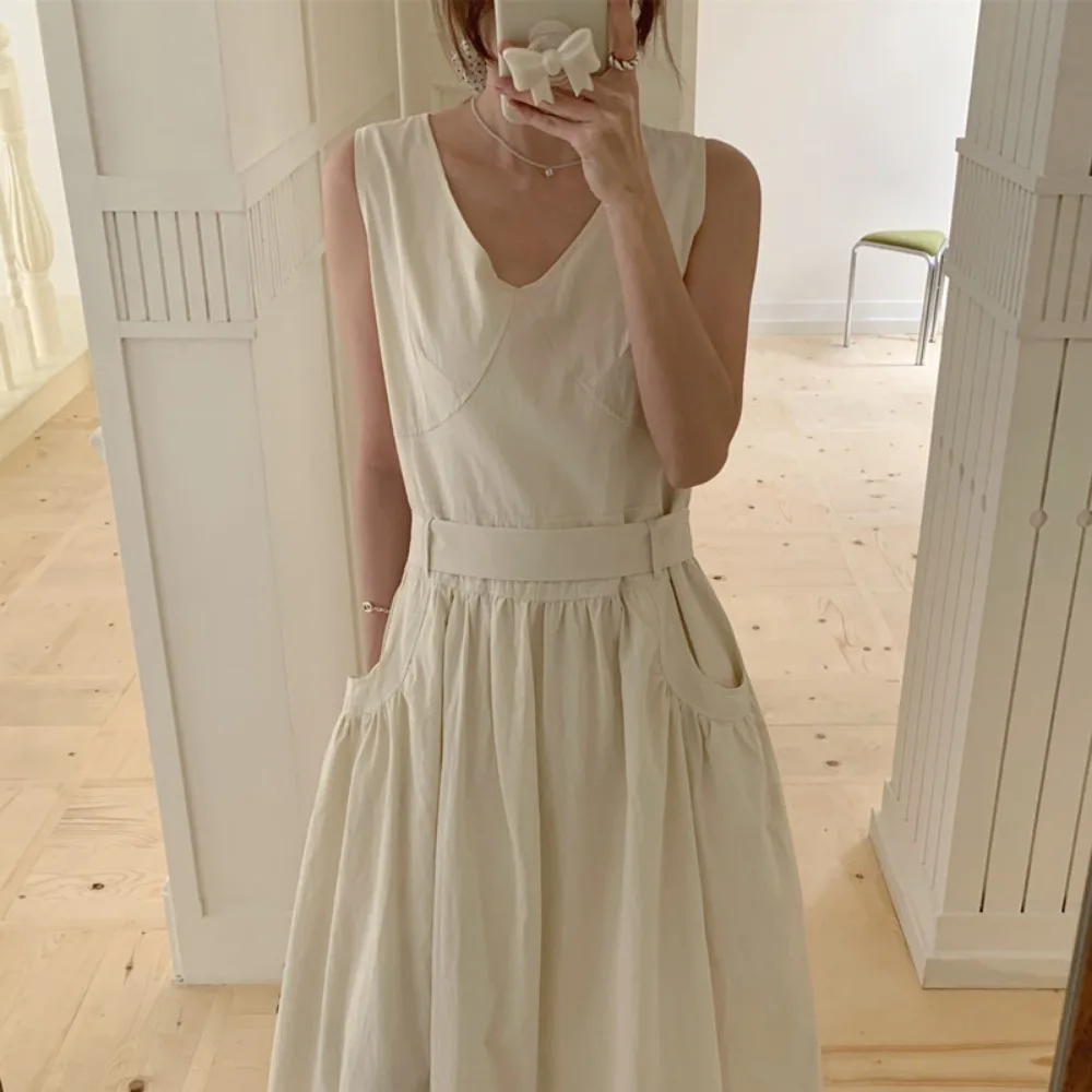 100% puro cotone tenero senza maniche abito lungo dal carro armato donna estate telai sottile a-line maxi vestito estivo femminile grandi tasche 2025