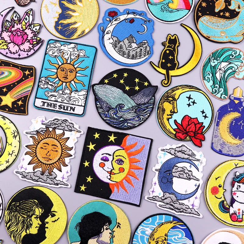 Moon And Sun Patch Iron On Patches For Clothing Mountain Embroidered Patches On Clothes Fusible Patch For Clothes Hook Loop DIY