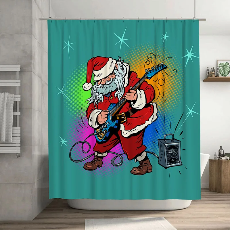 TU Rockstar Santa Claus Tirai Mandi Dekorasi Musik Natal Kain Kamar Mandi Hadiah Liburan Meriah Dinding Santa Claus Rock and Roll