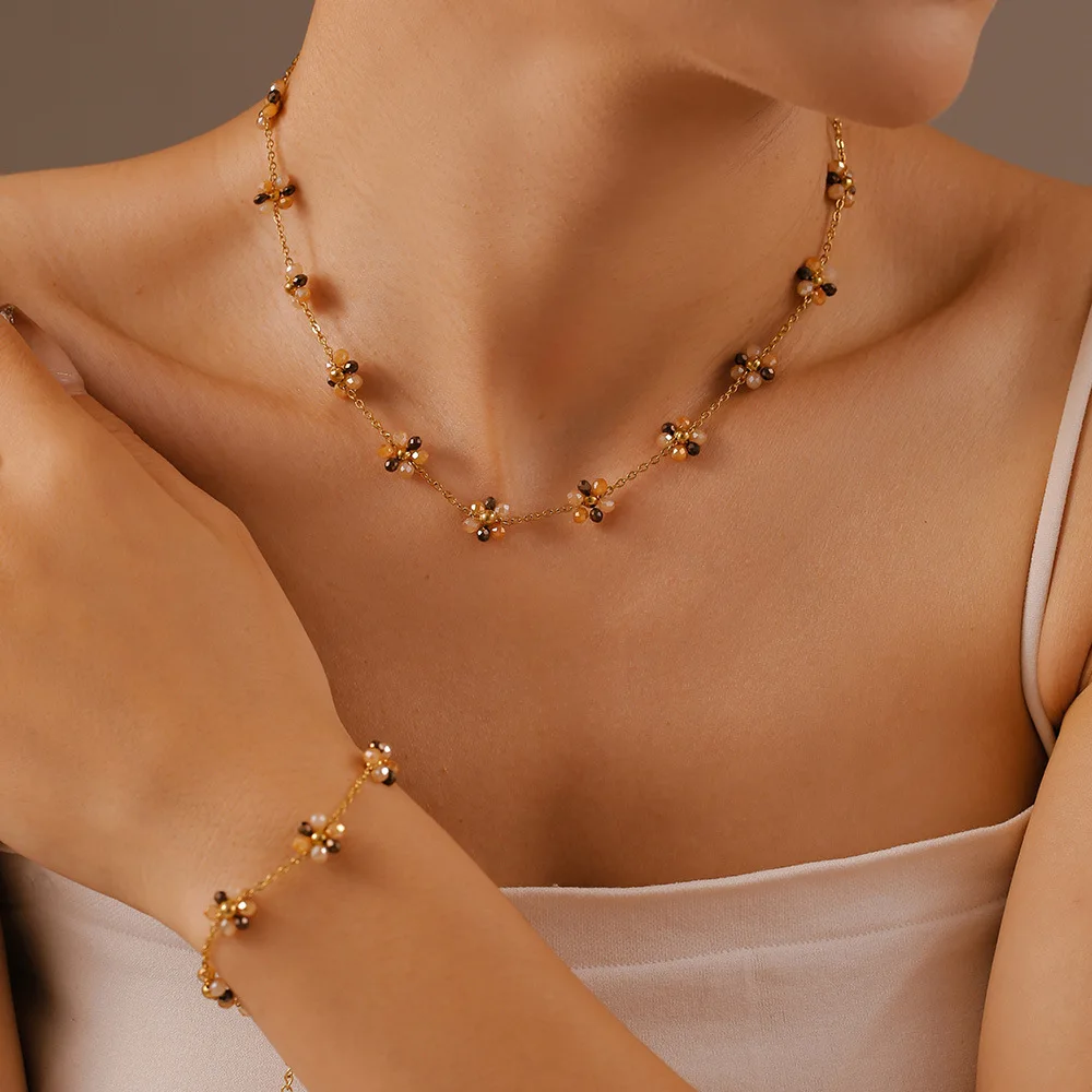 Colorful Glass Stone Beaded Flower Pendant Necklace Bracelet Anklet Set Women\'s Stainless Steel Gold plated Chain Summer Jewelry