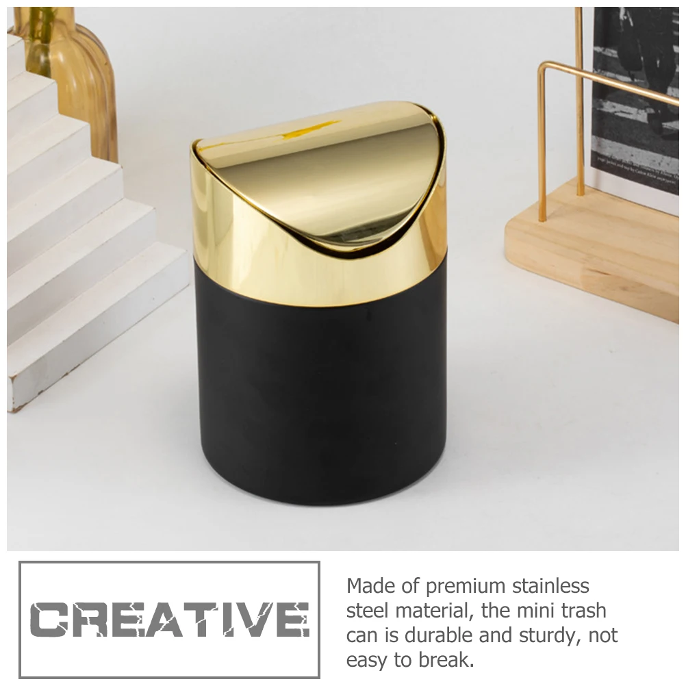 

Stainless Steel Trash Can Bin Reusable Household Garbage Container Swing Lid Bedroom Office Living Room Study Desktop Waste