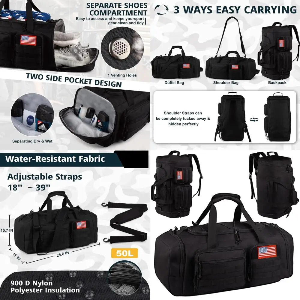 

Большая водонепроницаемая спортивная сумка-дафл 3-в-1 на 50 л для мужчин с отделением для обуви и для путешествий на выходные