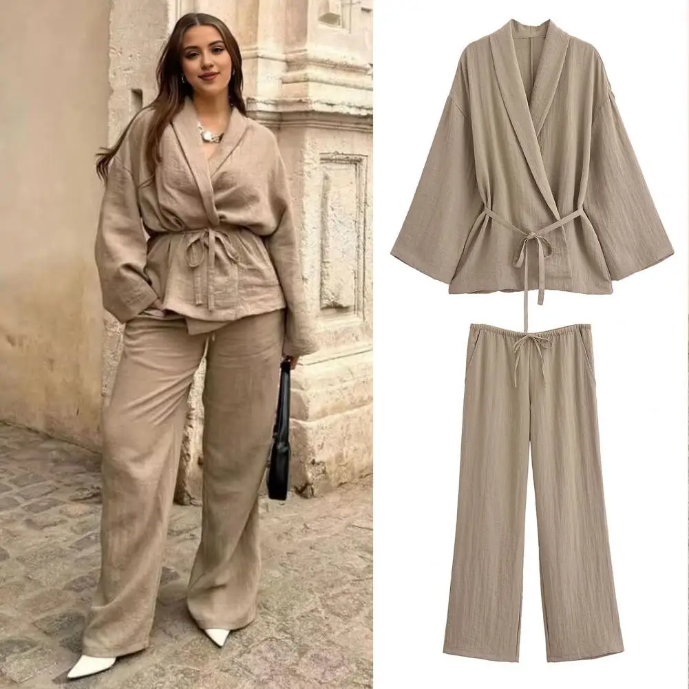 Women Summer Blouse Stylish Women's Cardigan Blouse Wide Leg Trousers Set Trendy Outfit with Strappy Details Elastic Waist