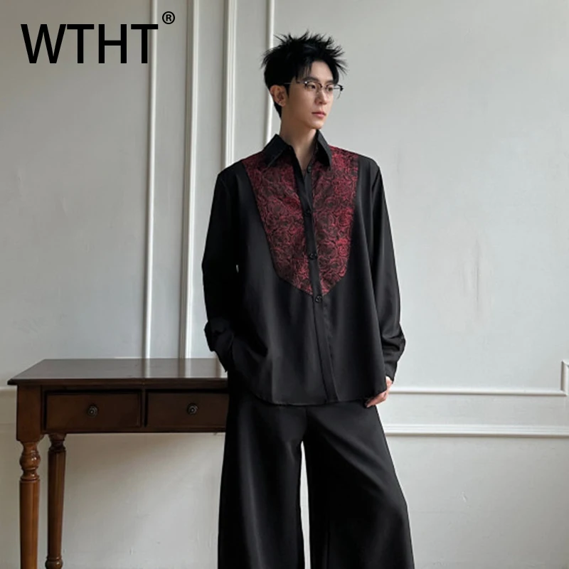 

WTHT Fashion Men's Spliced Flower Embroidery Design Shirts Trendy 2026 Summer Contrast Color Long Sleeves Tops Male 2A2844
