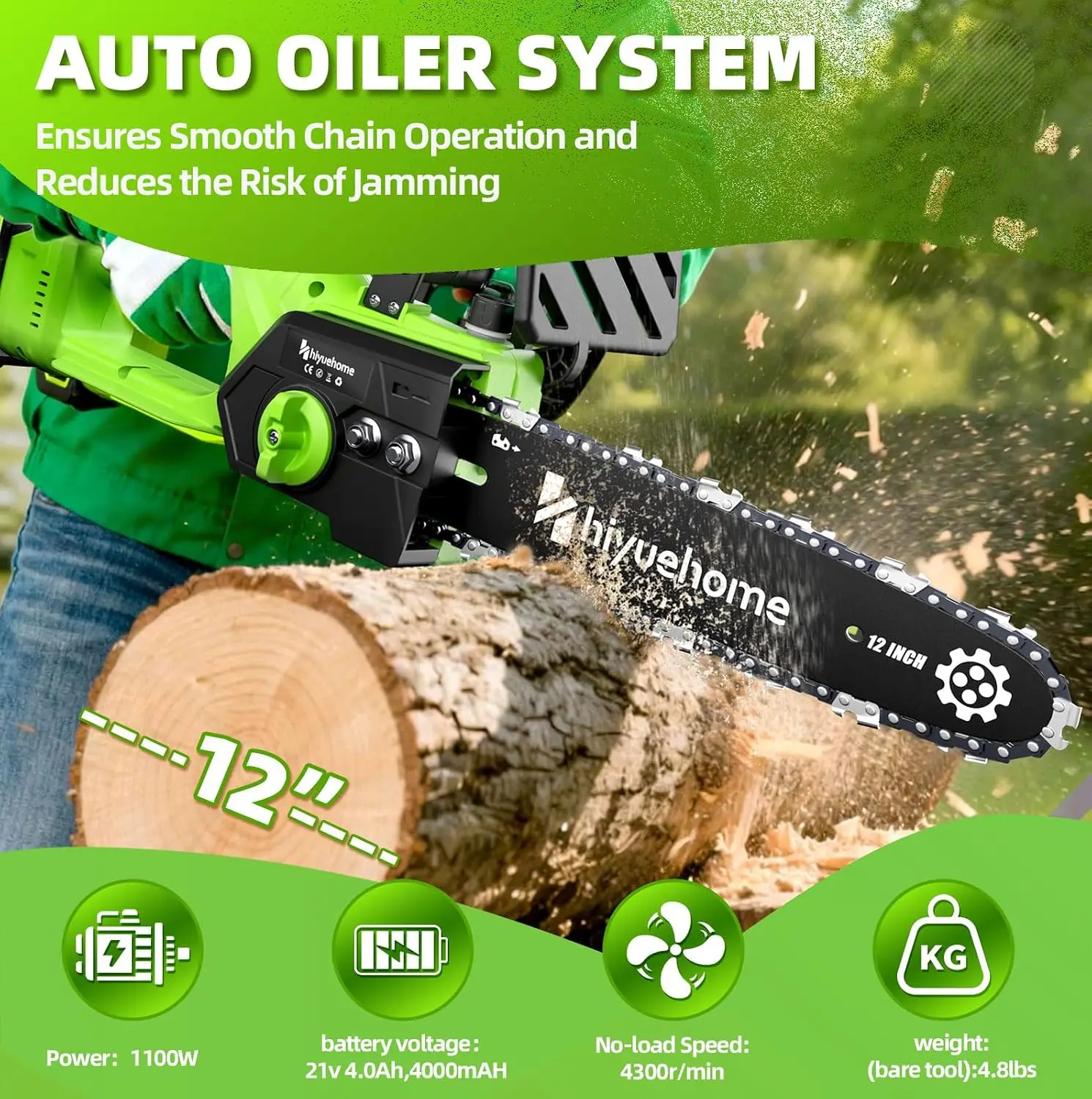 Green 12-Inch Cordless Electric Chainsaw with Brushless Motor and Battery, Tree Saw