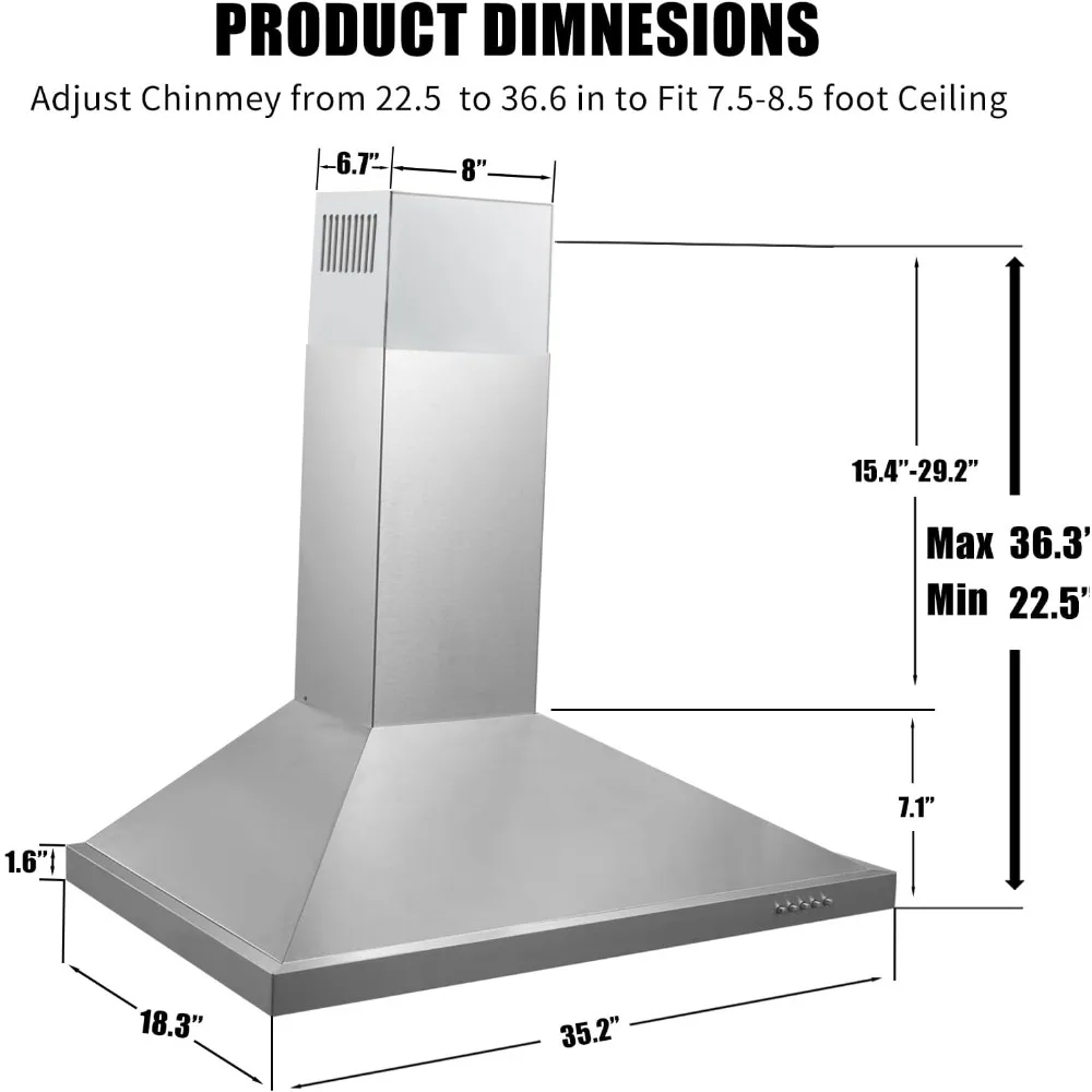 , Wall Mounted Vent Hood in Stainless Steel, Ducted/Ductless Kitchen Hood w/Push Button Control, 3 Speed Exhaust Fan,