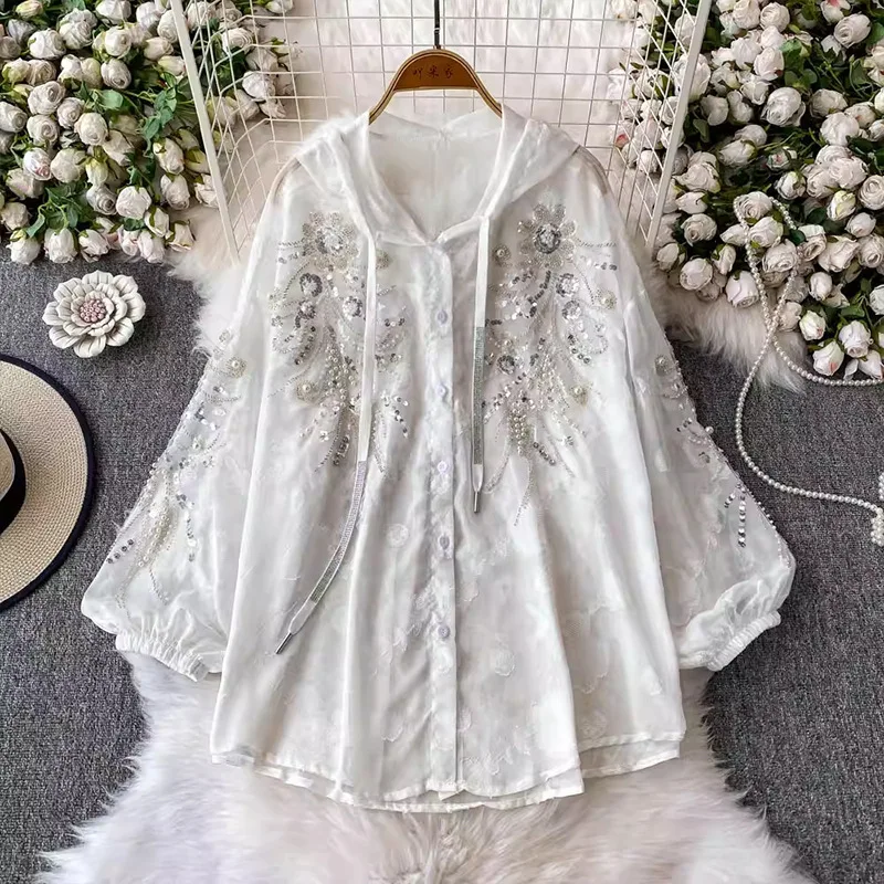 

Light Luxury High-End Heavy Sequin Beaded Lantern Sleeve Jacket Casual Sun Protection Loose Slimming Hooded Shirt