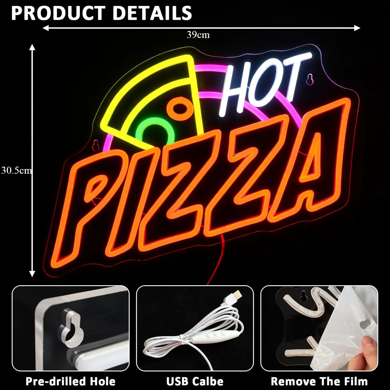 Pizza Neon Light Sign USB Dimmable LED Neon Sign Wall Decoration for Pizza Shop Bedroom Gameroom Livingroom Birthday Party Gift