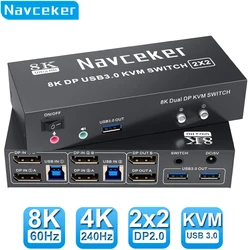 Navceker 4K 240Hz Dual Monitor DP 2.0 KVM Switch 8K USB 3.0 Displayport KVM Switch 2 in 2 out Display 2 Monitors 2 Computer PC