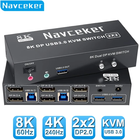 Navceker 4K 240Hz KVM-переключатель DP 2.0 для двух мониторов