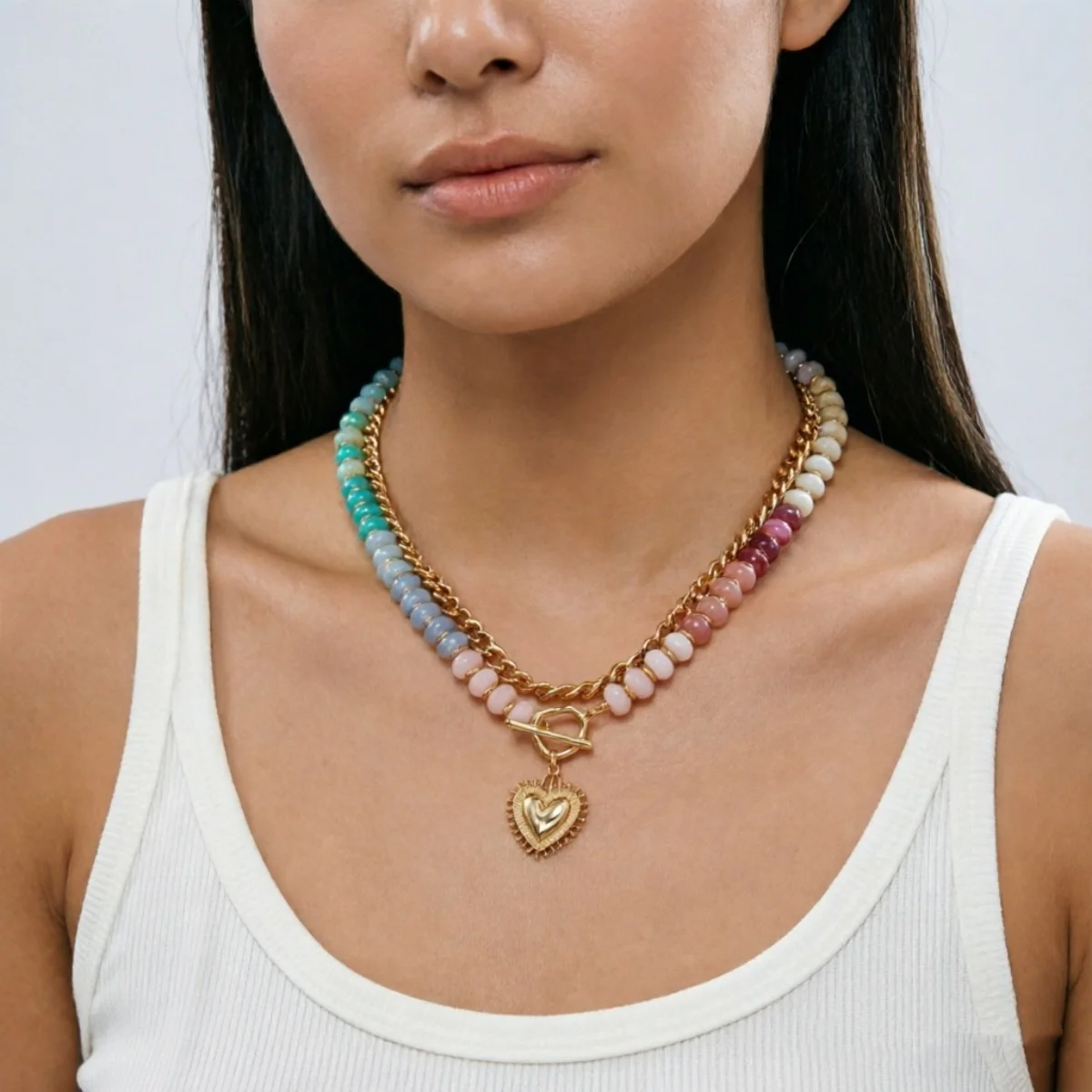 Y2K-Halskette mit Herzanhänger aus farblich abgestuften Harzperlen für Damen und Herren, Liebesherz, bunte Acrylperlen, Choker, ästhetischer Schmuck – Detail 10
