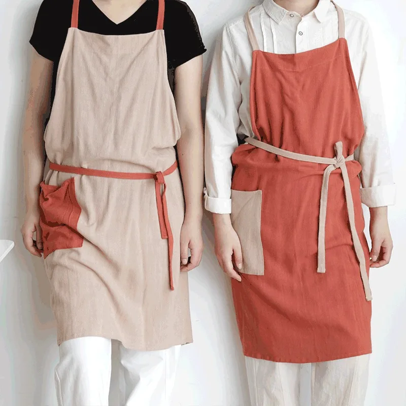 

Japanese Lightweight Cotton Linen Kitchen Apron with Pocket for Men and Women Anti-dirty Baking Cooking Pinafore Work Clothes