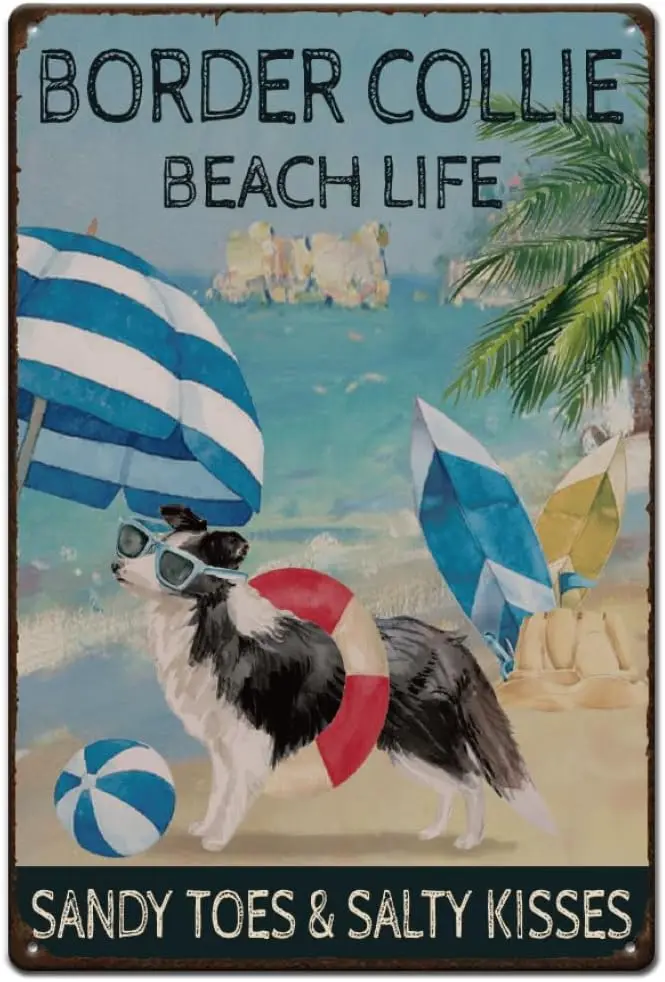 SUPERDANT Metal Tin Sign Collie Dog Beach Life Tin Sign Metal Sign Funny Signs Vintage Metal Sign Wall Decor for Home Garden Bar