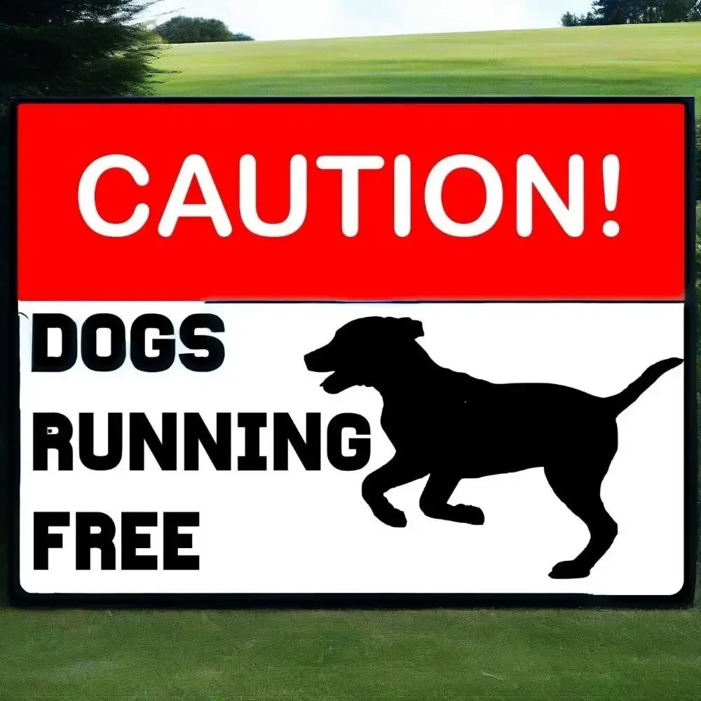 

Vintage Metal Plate，CAUTION "Dogs Running Free" Metal Sign, Warning, Drive, Gate, Road Safety.