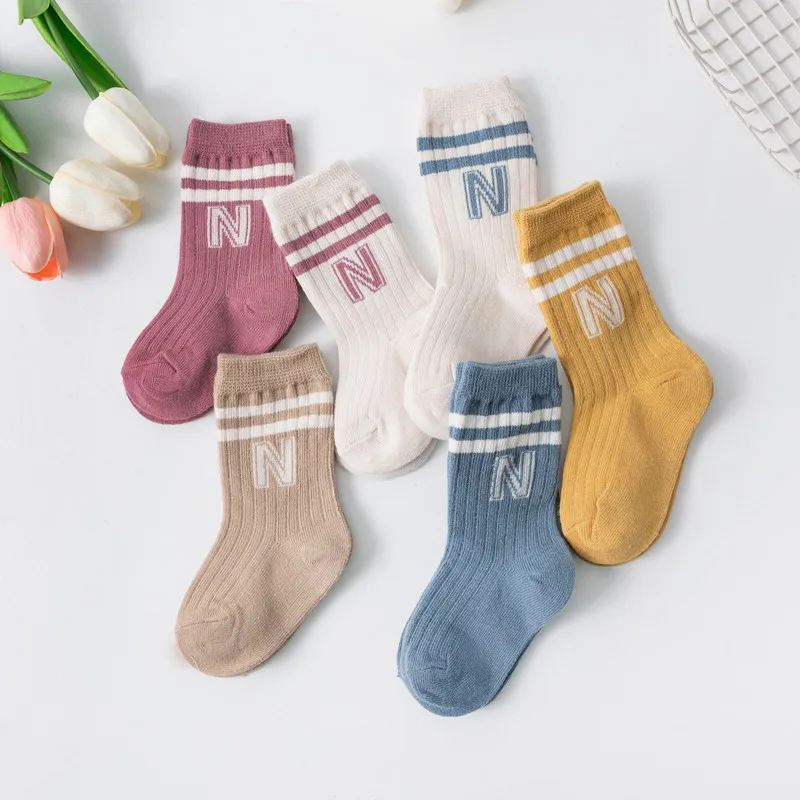 3Pairs/Lot Children Knit Soft Cotton Letter Socks Kids Long Knee High Socks Infant Toddler Baby Boys Girls Cute Stripe Socks