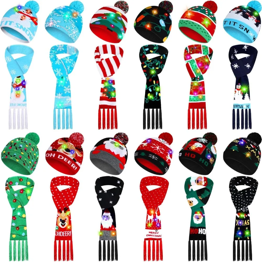 

22 Pcs Christmas Hat Winter Scarf Winter Knitted Hat Scarf Xmas Colorful Flashing Holiday Party Supplies