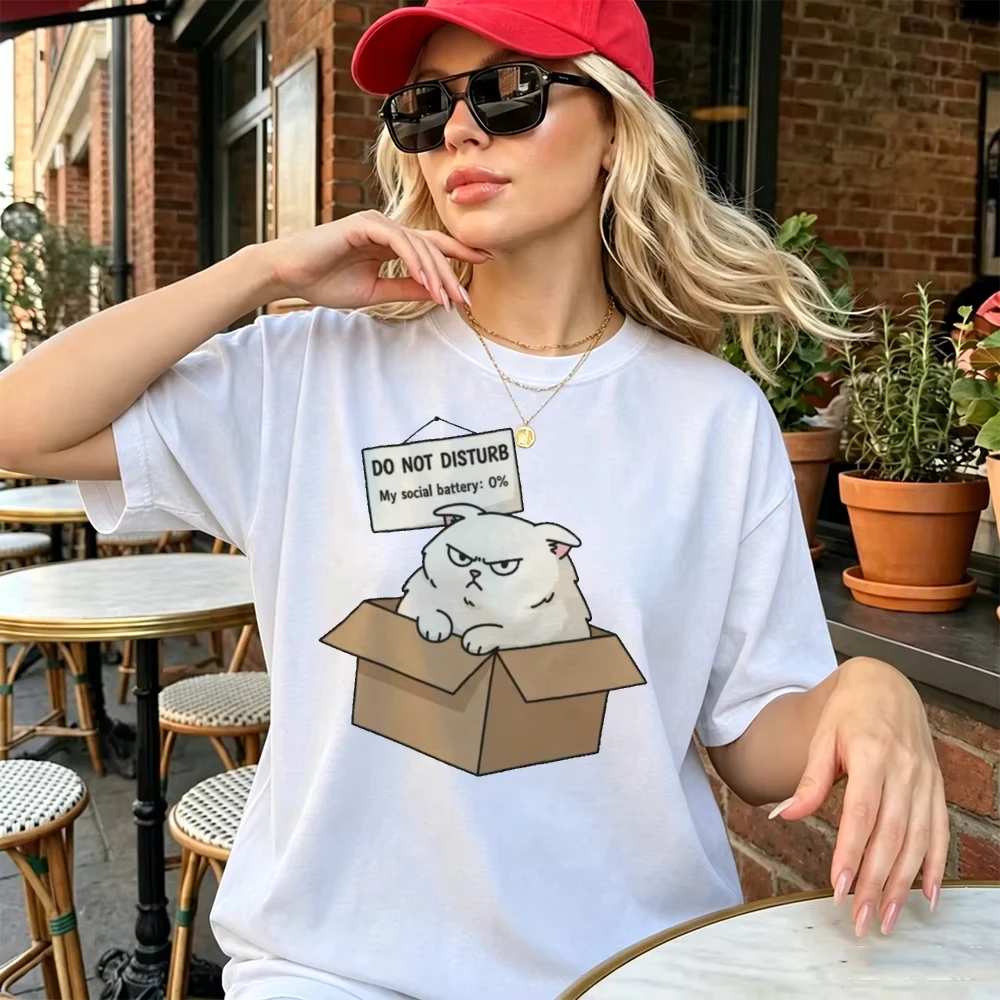 Do Not Disturb Social Battery Cat Graphic T Shirt Female Introvert Meme Humor Tee Summer Casual Daily Relax Wear