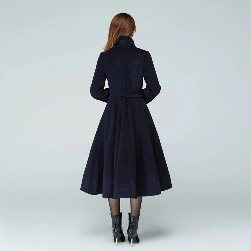 Blue Mid-Length Women's Wool Coat, Slim-Fit Stand-Collar Double-Breasted Warm Winter Jacket