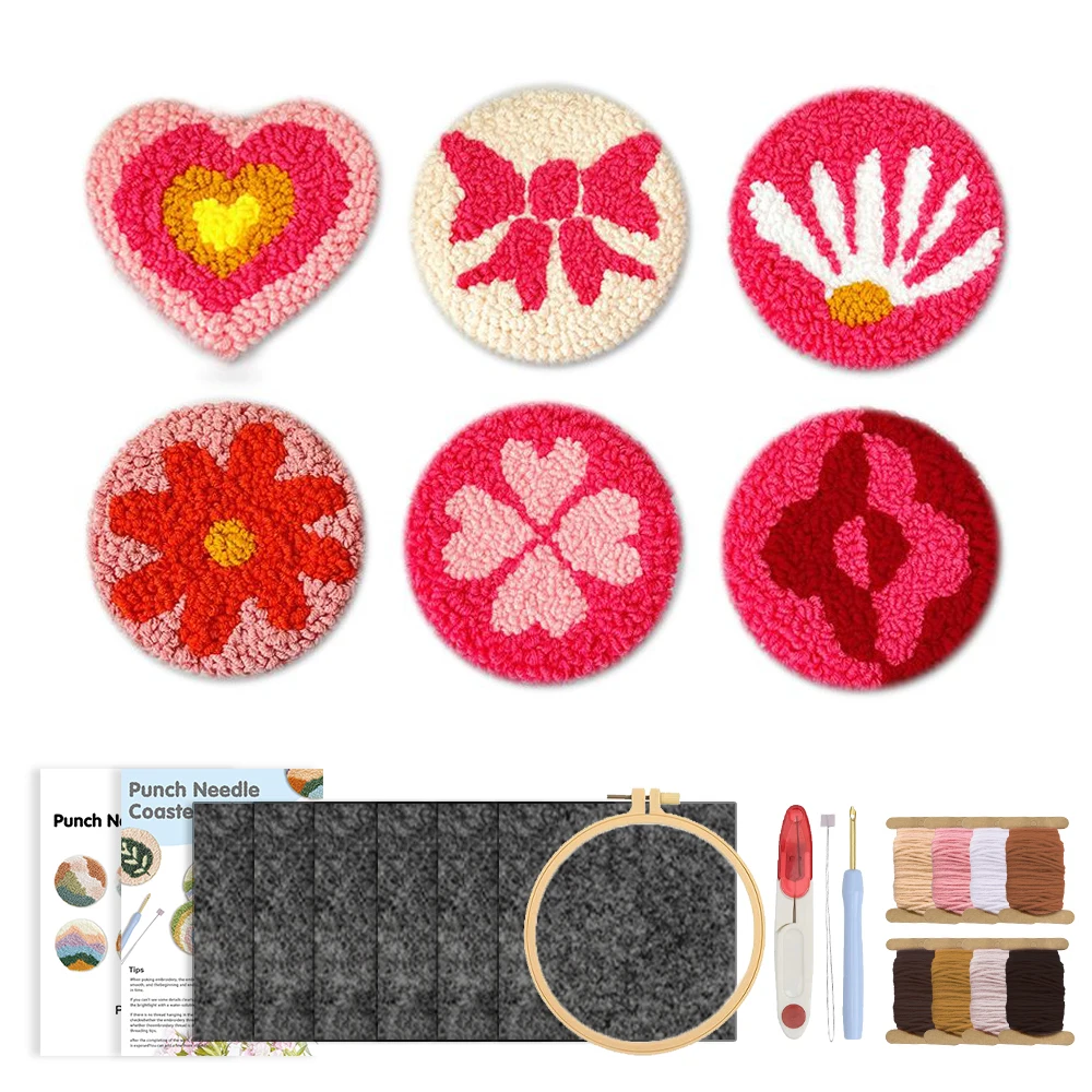 

CHENISTORY 6Pcs Punch Needle Coaster Kit for Beginners Tufting Coaster Art and Crafts Flower Pattern Felt Yarns Embroidery