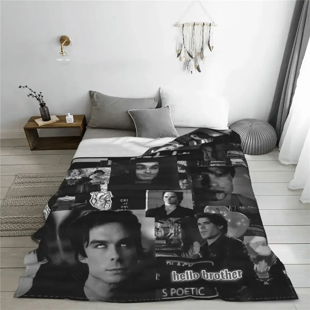 Damon Salvatore The Vampire Diaries Flannel Blankets Vintage Throw Blankets for Sofa Bedding Lounge 150*125cm