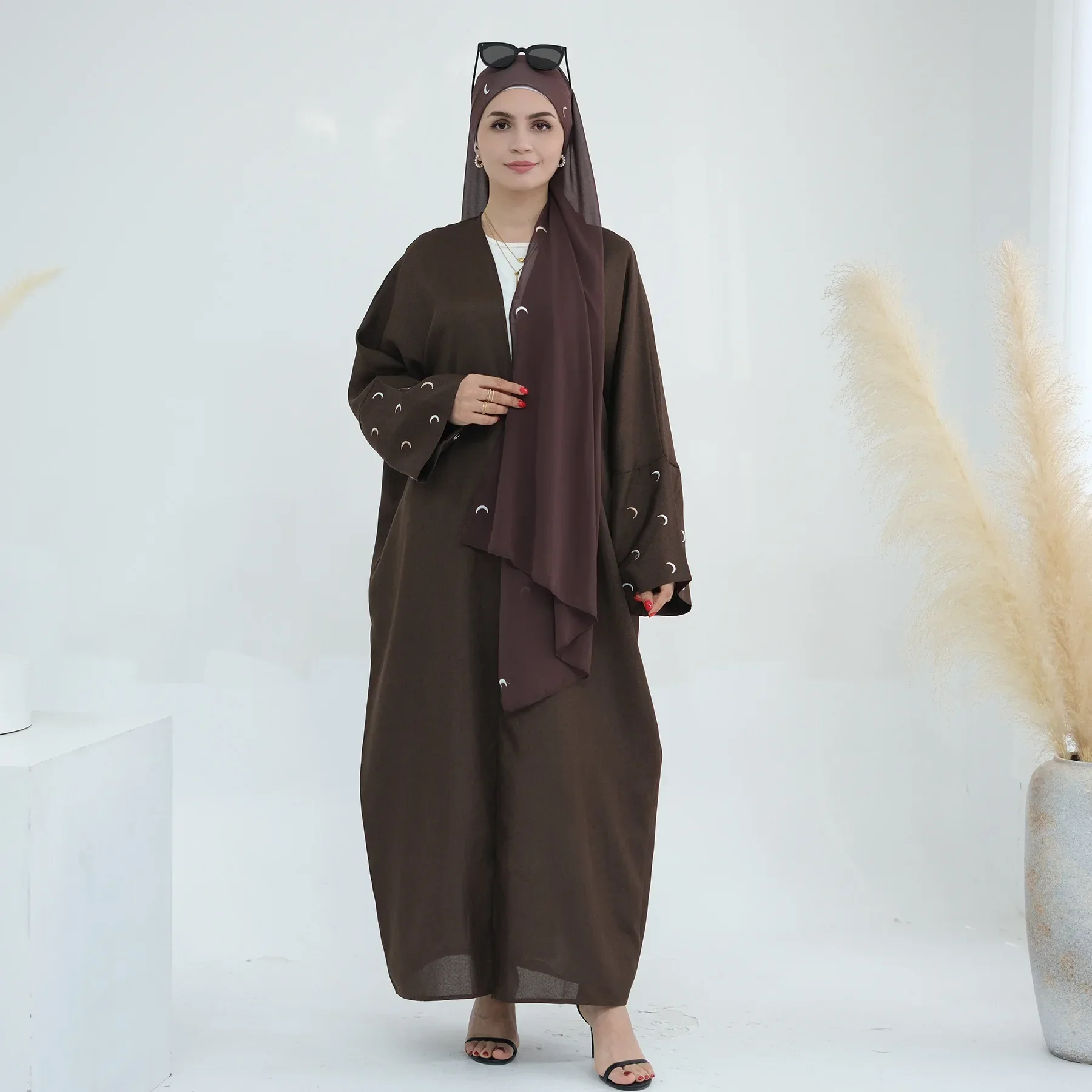 Moon Embroidery Linen Open Abaya Kimono EID Ramadan Islamic Clothing Abayas for Women Dubai Cardigan Muslim Hijab Dress Kaftan