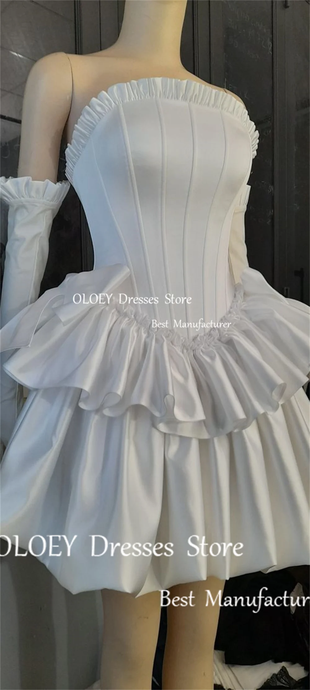 OLOEY-Robe de cocktail courte ligne A élégante sans bretelles avec gants, volants, plis, satin, noir, blanc, robe de soirée de mariage, Rhpersonnalisé