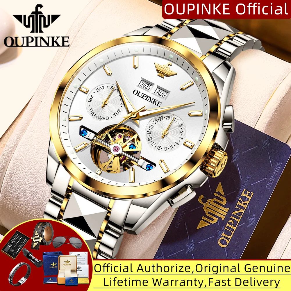 

OUPINKE 3290, мужские часы из вольфрамовой стали, многофункциональные механические мужские часы, роскошные автоматические мужские часы со скелетонизированным маховиком