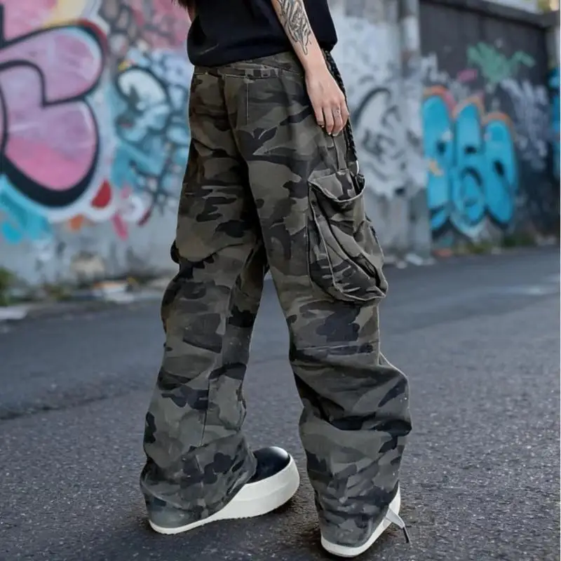 Men's Big Pocket Camouflage Casual Pants Street Bottom Sweatpants Boys Male High Waist Wide-leg 90s Trousers