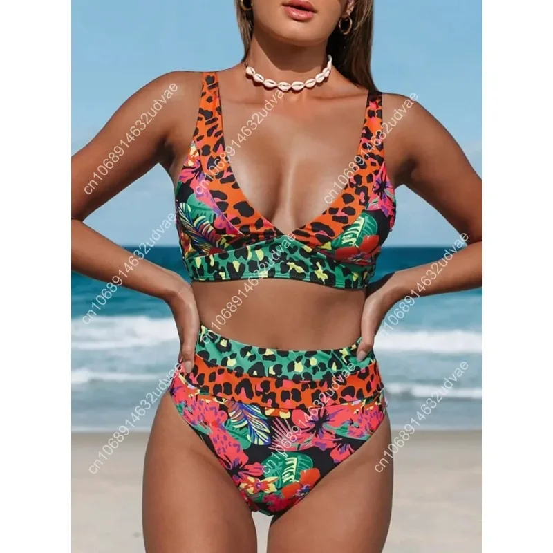 Hilinker Women's Leopard Bikini Swimsuits V Neck High Waisted 2 Piece Bathing Suits