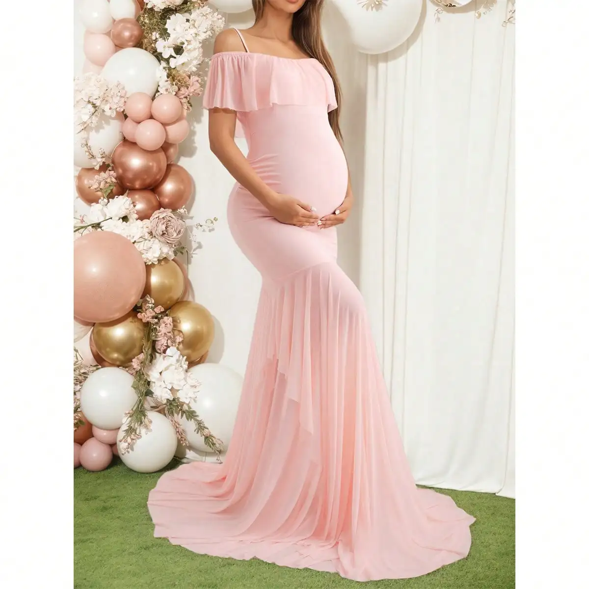 マタニティ-レディース-ピンク-オフショルダー-フリル付き-マキシ丈-マーメイドドレス-ベビーシャワー、写真撮影、フォーマルな機会に