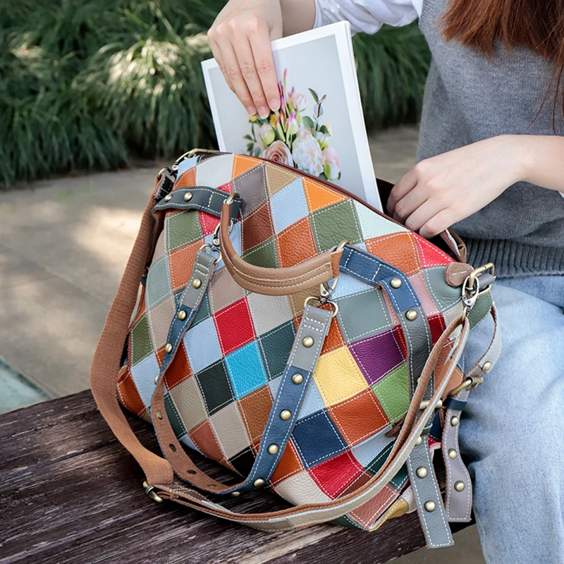 Hot Sell Cowhide Colorful Color Check Handbag Leather Fashion Women\'s Single Shoulder Bag Large Capacity Shoulder Bag For Female