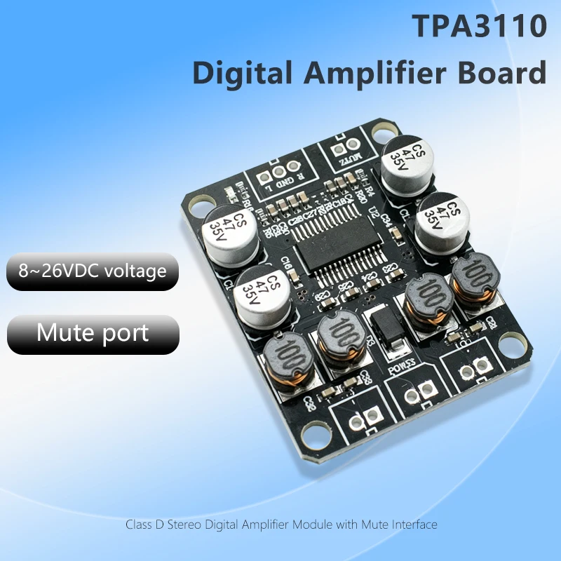 TPA3110 Class D Digital Stereo Power Amplifier Board 2×15W Output 8~26V Wide Voltage With Mute Port For DIY Audio System