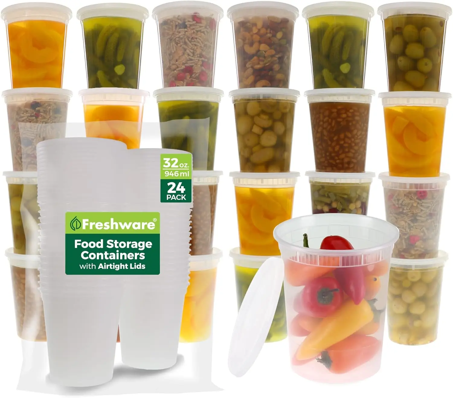 

Food Storage Containers [24 Set] 32 oz Plastic Deli Containers with Lids, Slime, Soup, Meal Prep Containers | BPA Free