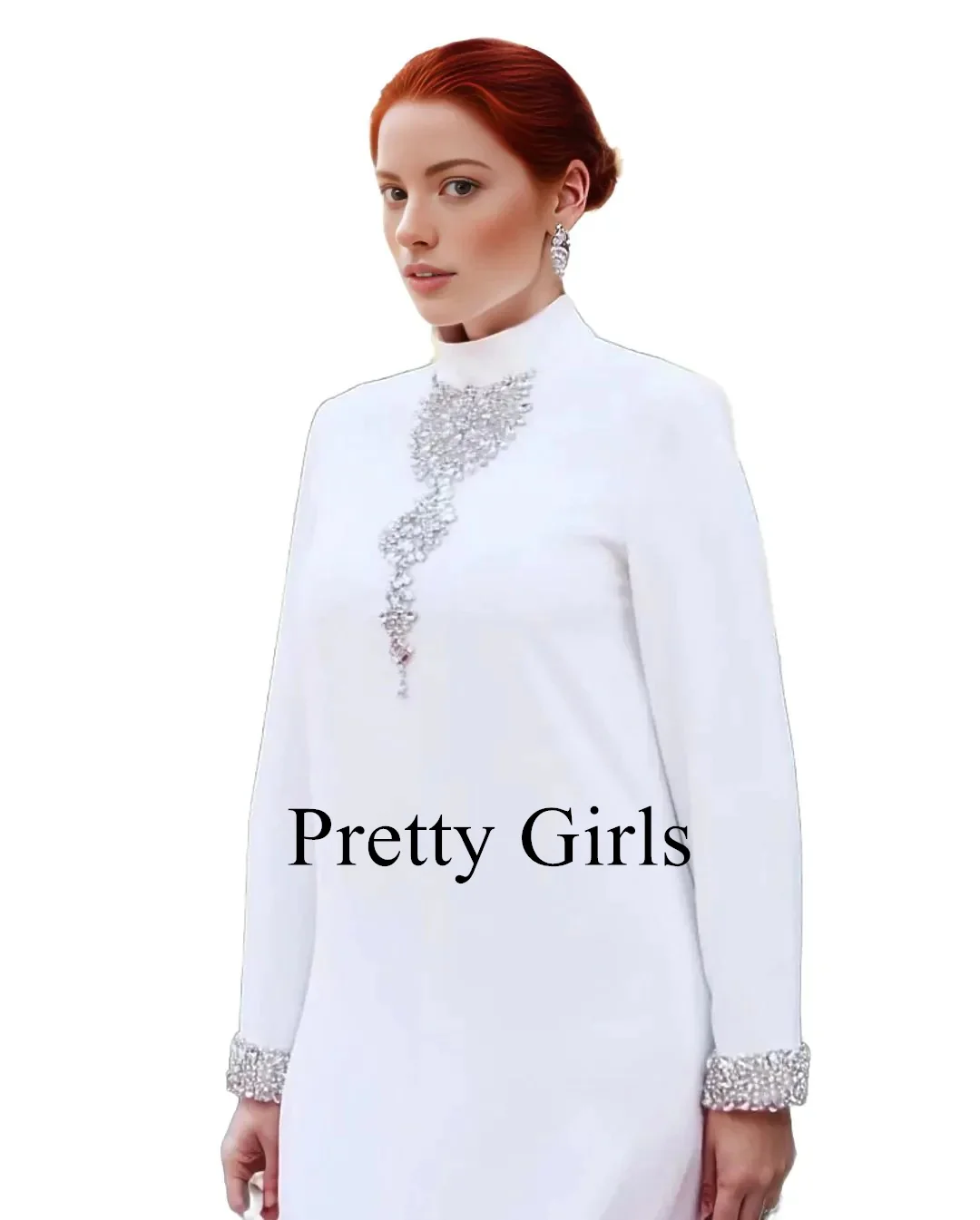 Dubai White Crepe Satin Rhinestone Evening Dresses Luxury Long Sleeves High Collar Party Prom Gowns Formal vestidos de fiesta