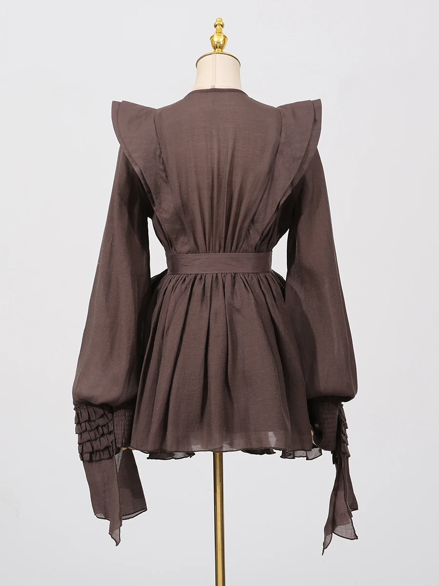 VGH เซ็กซี่ Patchwork Hollow OUT ชุดพัฟสําหรับผู้หญิงรอบคอโคมไฟแขนยาวเอว Spliced Lace Up ชุดเดรสหญิงใหม่