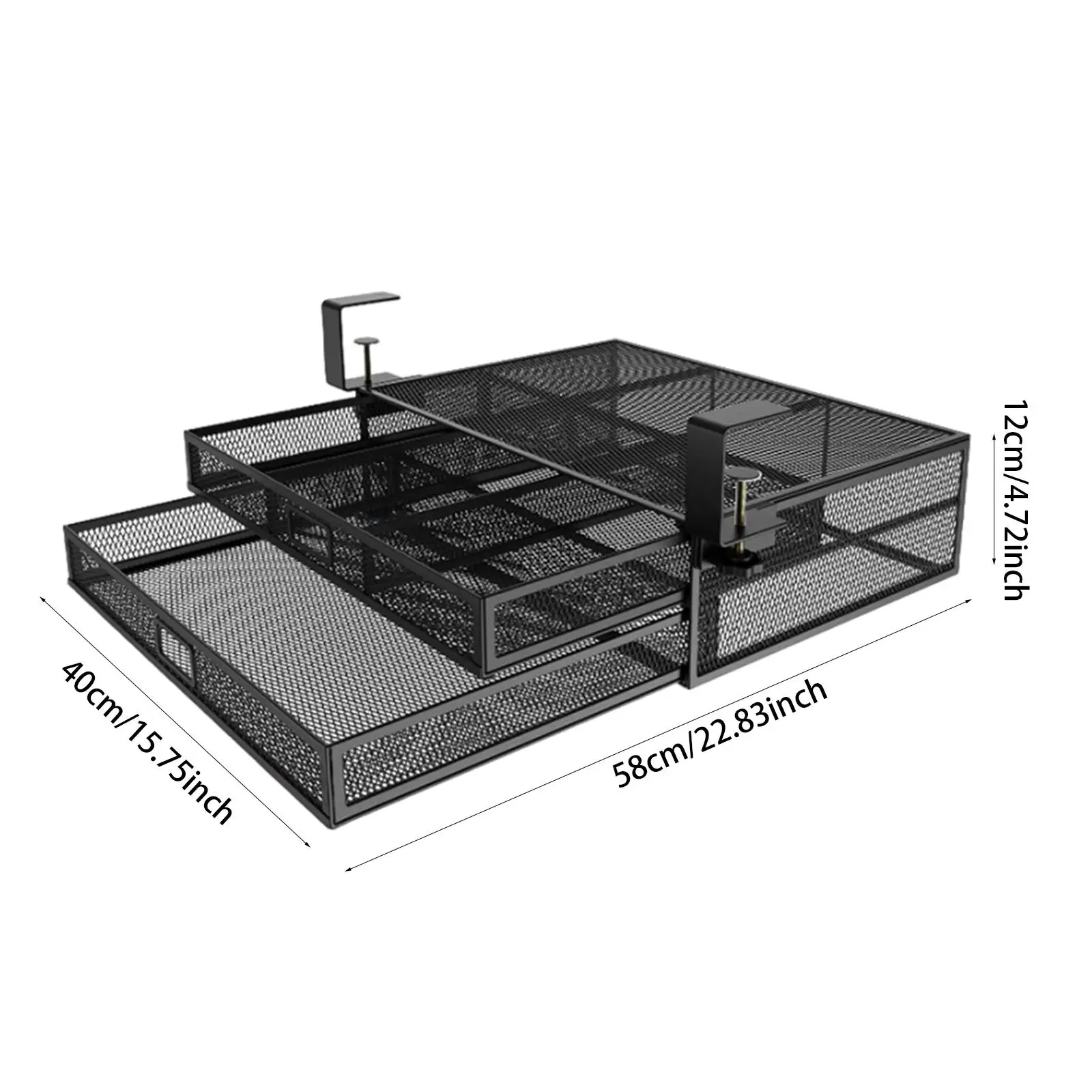 Clamp on Under Desk Drawer Organizer Sturdy Easily Install for Study Rooms Multipurpose with 2 Tiers Mesh Metal Sliding Drawers