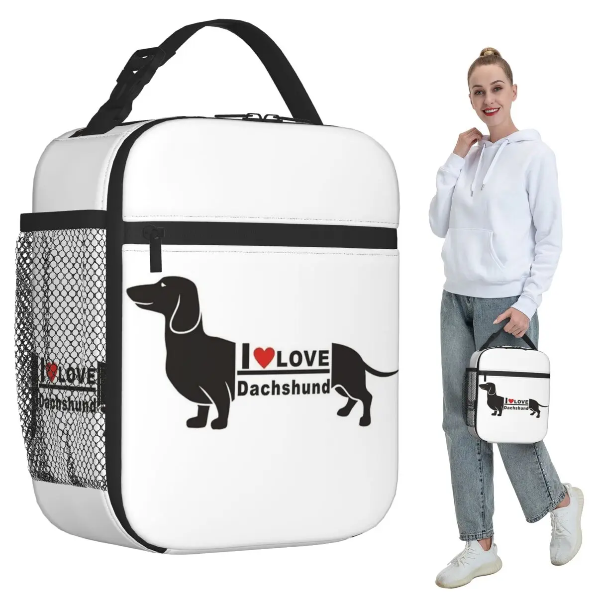 

Такса Собака Фото Портрет Popart I Love Изолированная сумка для обеда Женский офисный холодильник Термальная коробка для еды Сумка Портативные коробки для завтрака