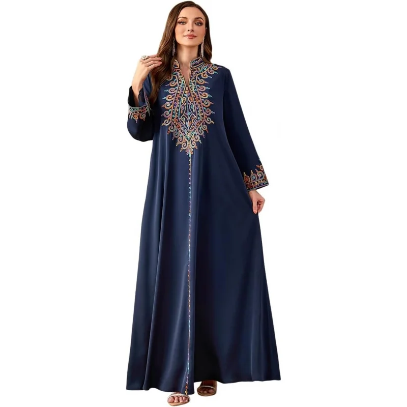 Floral Embroidered Muslim Maxi Abaya Dress