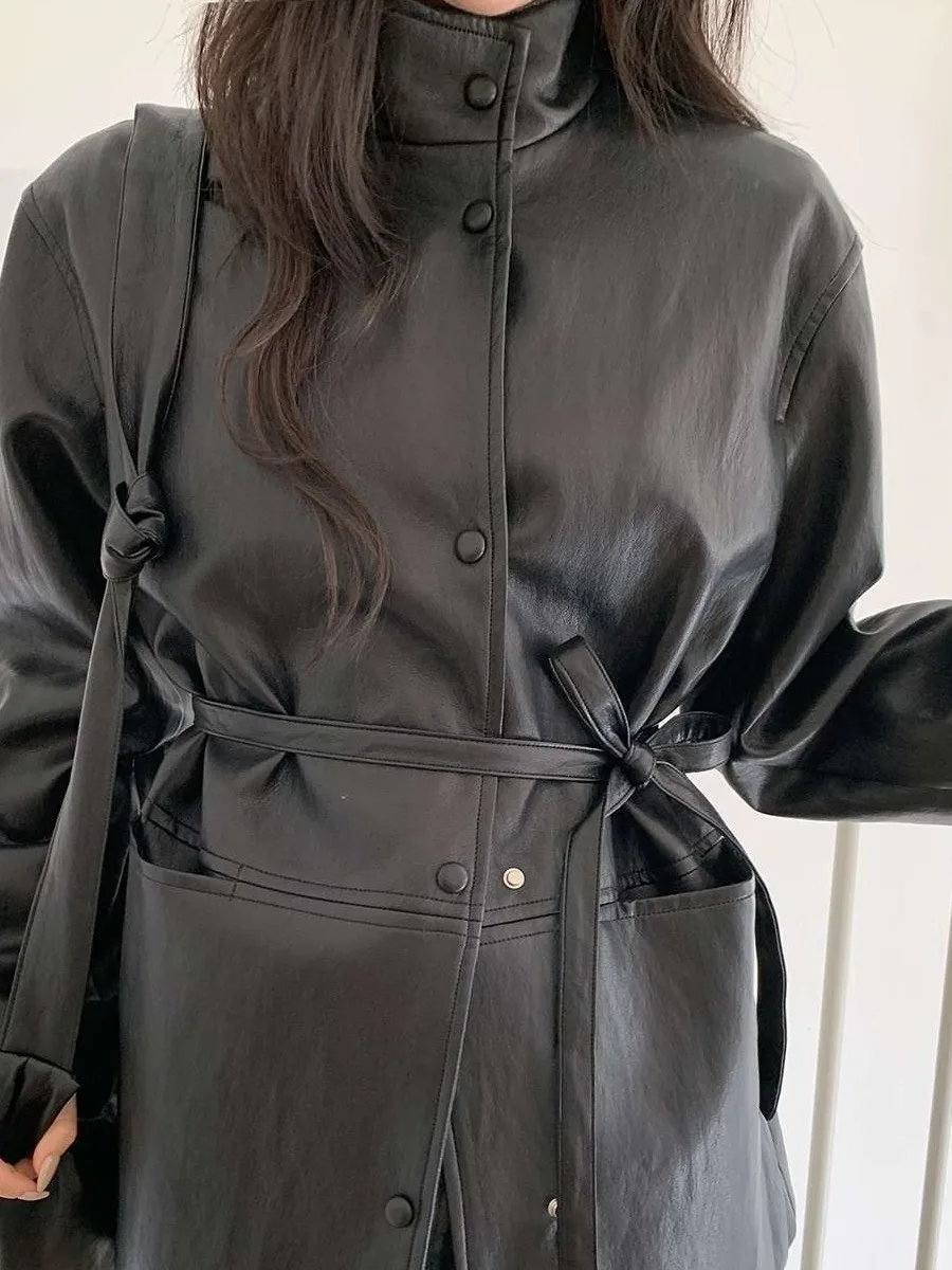 Retro Sle Mujer Biker Jaet PU Abrigo de cuero con cinturón Cintura favorecedora Versátil Largo Sve Faionable Ropa de abrigo