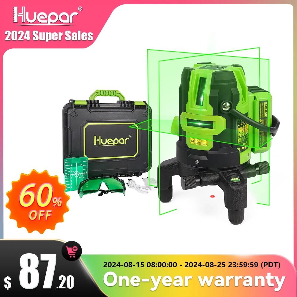 Huepar Green Multi-Lines Laser Level With Down Plumb Dot Self-Leveling Cross Line Laser Tool & 360°Rotate Base & Hard Carry Case